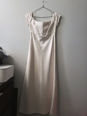 Michaelangelo Ivory Satin Maxi Dress with Lace Trim Minimalist Elegant